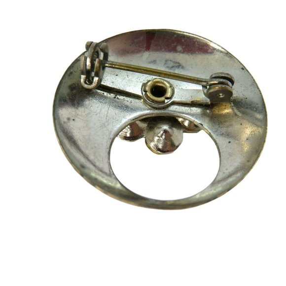 Sterling Silver Concaved Circle Diamond Flower Jewelry Pin Brooch Unmarked MCM - Picture 8 of 8
